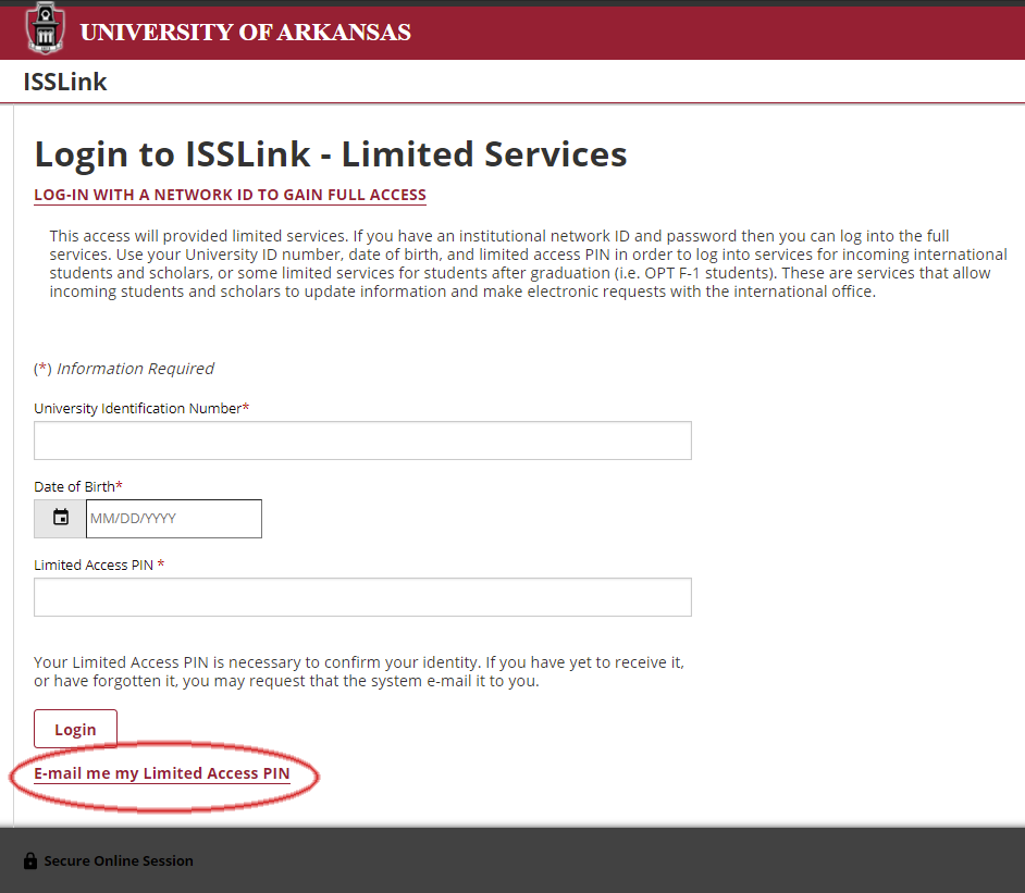 I S S Link webpage with Limited Services circled