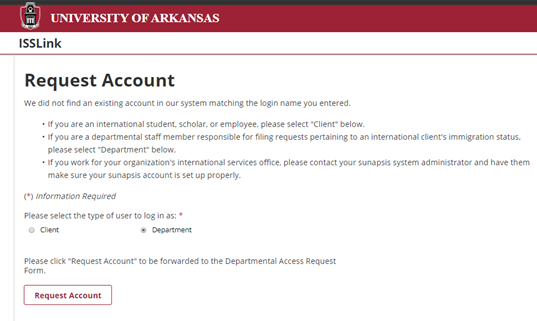 Request account form with department selected