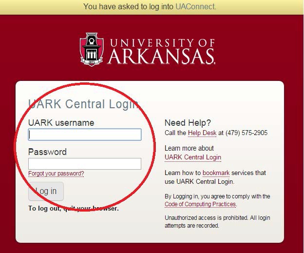 Log in screen showing U A R K user name and password blanks