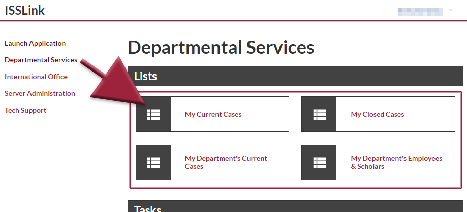 After clicking on departmental services in the left menu: two headings with links appear labeled lists and tasks.