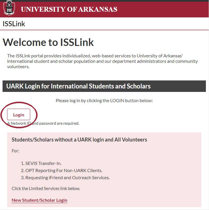 ISSLink log in page that shows the login button highlighted